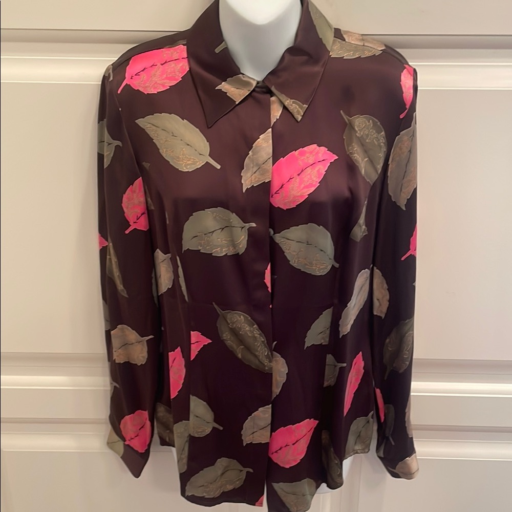 Vintage Gruppo Americano brown leaf print silk blouse sz S